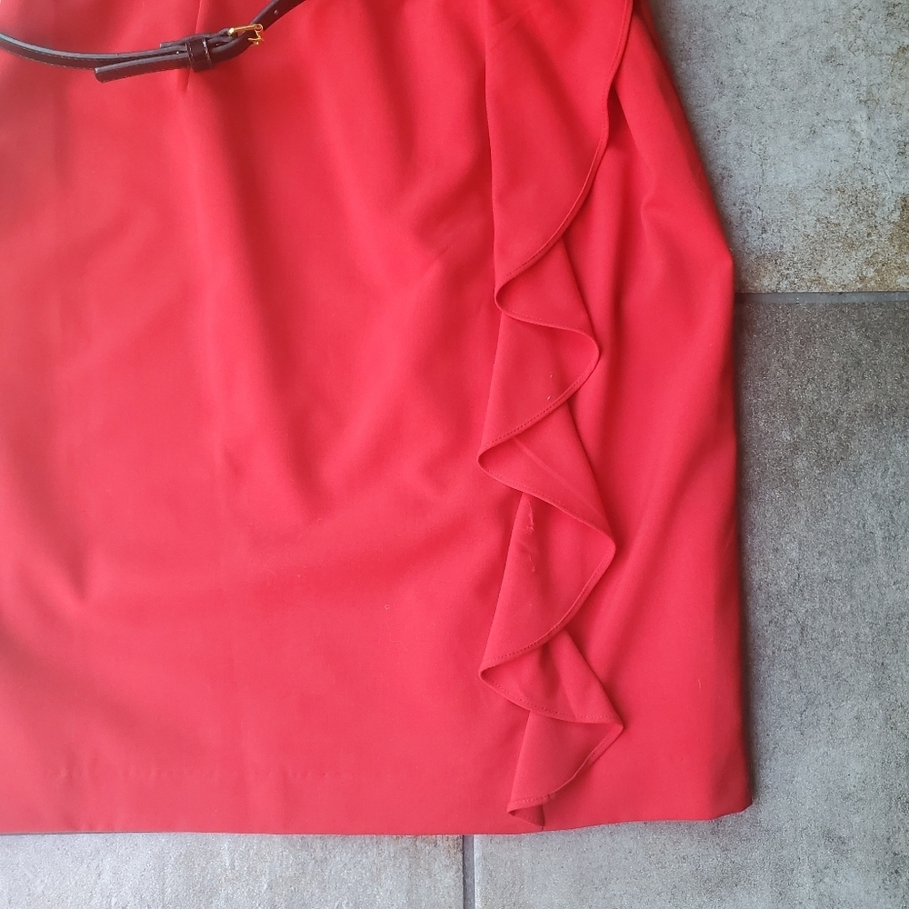 Calvin Klein Red Sheath Dress Slit Ruffle Black Belt Preppy Work Classic Office - Picture 8 of 11